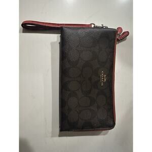 Coach Signature Wristlet Brown/Red Leather Trim – Classic Logo Print